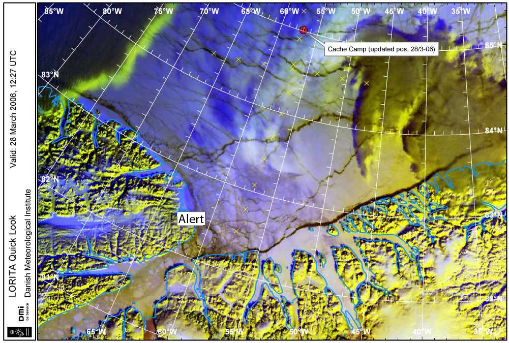 Satellitbilledet viser arbejdsområdet i Polhavet den 28 marts. Grønlands kyst ses nederst i billedet og Canadas kyst til venstre. Positionen af islejren, der skal fungere som brændstofdepot, er angivet med en rød prik. De mørke bugtede kurver, der ligner floder på isen er åbninger i havisen. De gule kryds angiver linierne, som vi skal arbejde langs. To linier i forlængelse af hinanden, der strækker sig fra Grønlands kyst ud i Polhavet og en linie på tværs nord for breddegraden 84 grader N.