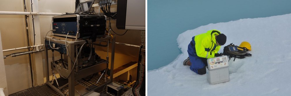 Marin gravimeter installeret i Odens pumperum (Foto: Indriði Einarsson) og Indriði Einarsson foretager en gravimetrisk måling på havisen (Foto: Thomas Varming, BMP).