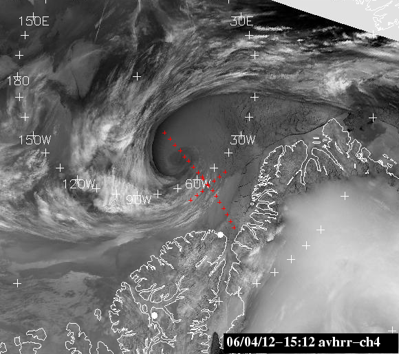 Satellitbillede fra den 12. april 2006. Et stort lavtryk ses over havisen nord for Canada og Grønland. De røde krydser angiver de seismiske linier, som vi skal arbejder langs. To linier i forlængelse af hinanden, der strækker sig fra Grønlands kyst ud i Polhavet og en linie på tværs.